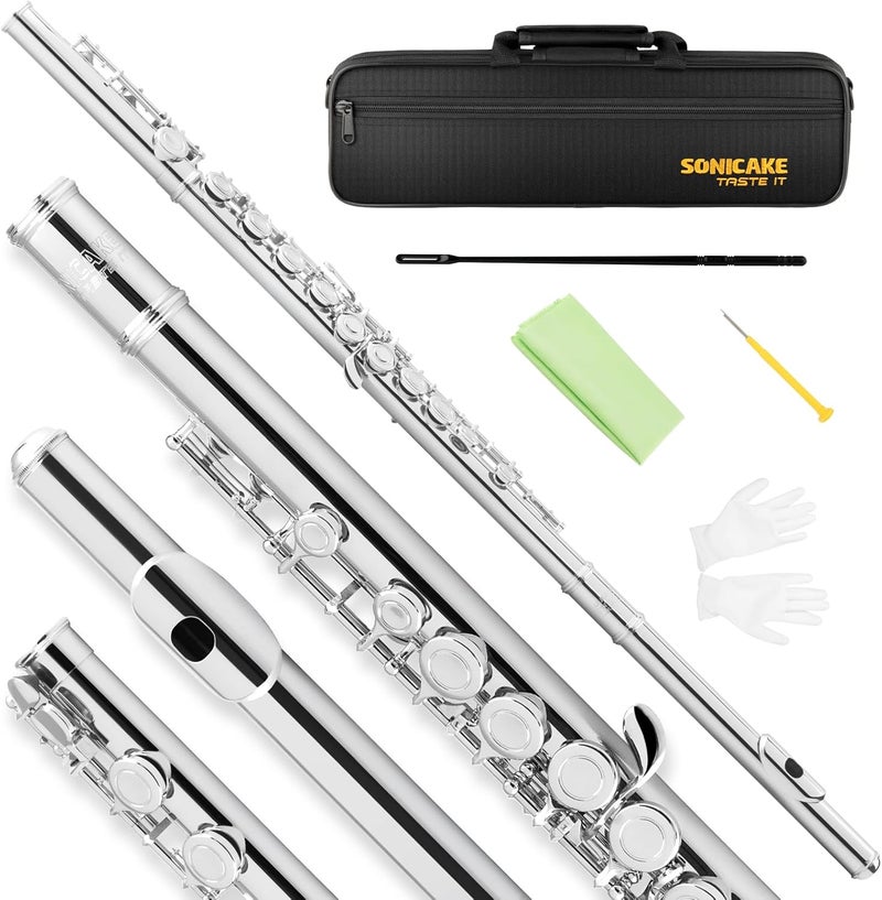 SONICAKE Nickel-plated C Flutes, Closed Hole 16Keys Flute for Beginner Student, Flute Instrument with Cleaning Kit, Carrying Case, Gloves, Tuning Rod, QFL-01 - Image 1